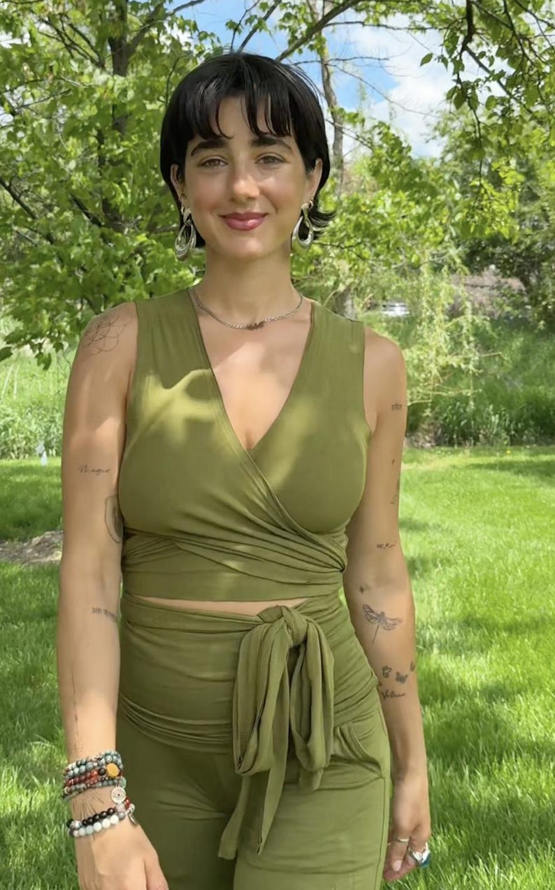 Organic EcoVero Stretchy Yoga Wrap Top, Natural Fiber Prana Wear, Festival Clothing, Wrap Vest Top, Multiway tie top, Handmade Yoga Top PLUS image 9