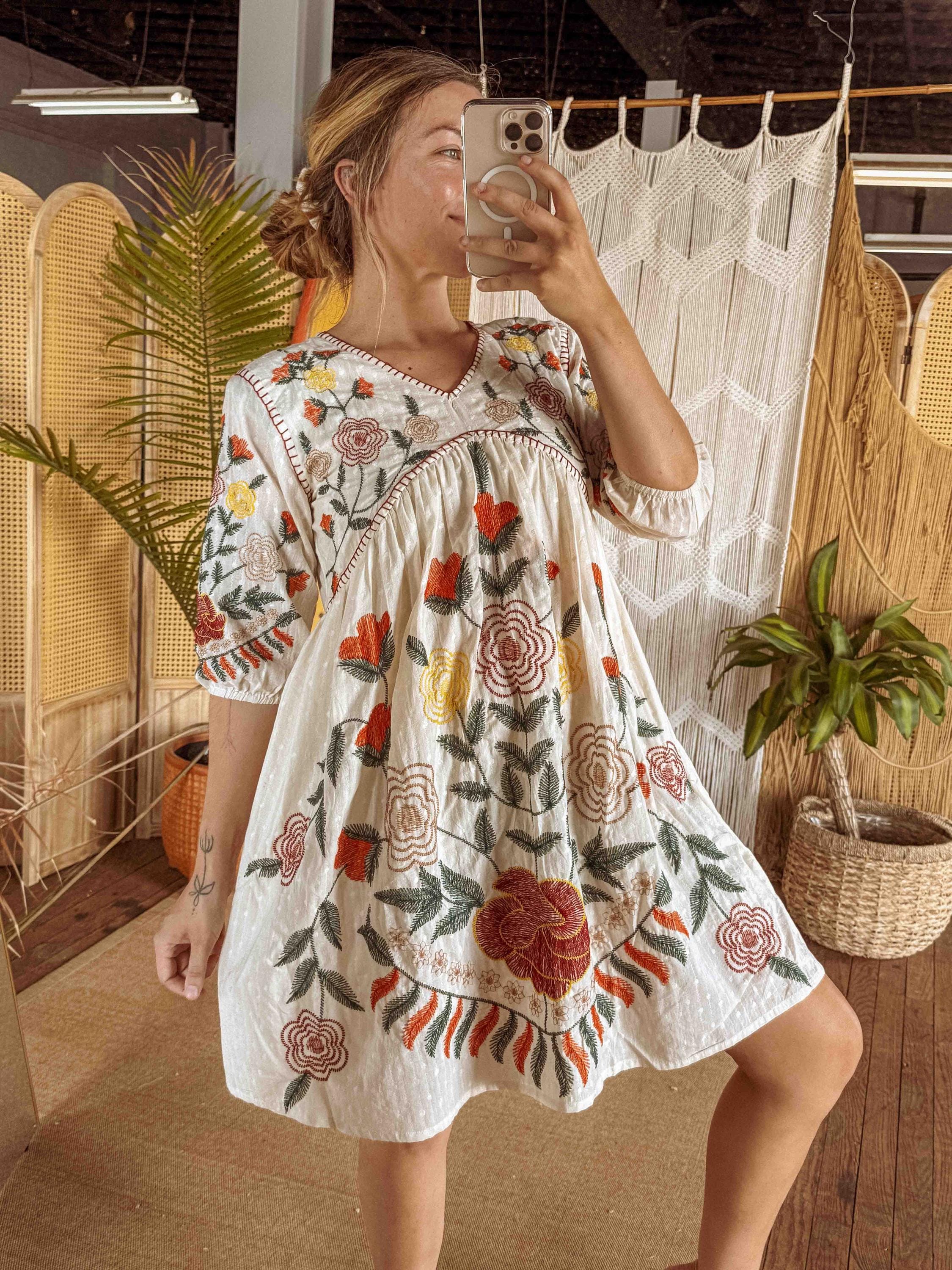 mini boho floral embroidery dress Cottage Core Embroidered Dress, Fall Cotton Embroidered Jumper Ethical Handmade Dress, Flowy Short with Flowers maerke_bloomsbury average price to hem Size:18.5 2XL 36-37 Our size is asia