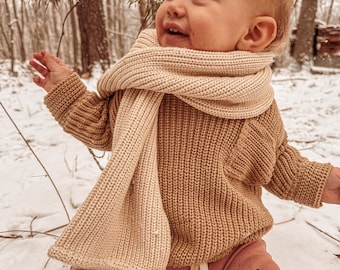 100% Organic Cotton Kids Toddler Baby Scarf, Warm Winter Fall Scarf, Boho Chic Kids Youth Knit Cotton Organic Scarves Natural Fiber, Unisex