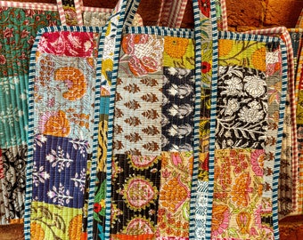 Beachy Boho Soft Large Patchwork Tote Bag, Colorful Hand Block Printed Bohemian Cottage Core Hippie Chic Quilt Diaper Bag School College Bag