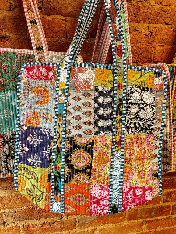 Beachy Boho Soft Large Patchwork Tote Bag, Colorful Hand Block Printed Bohemian Cottage Core Hippie Chic Quilt Diaper Bag School College Bag