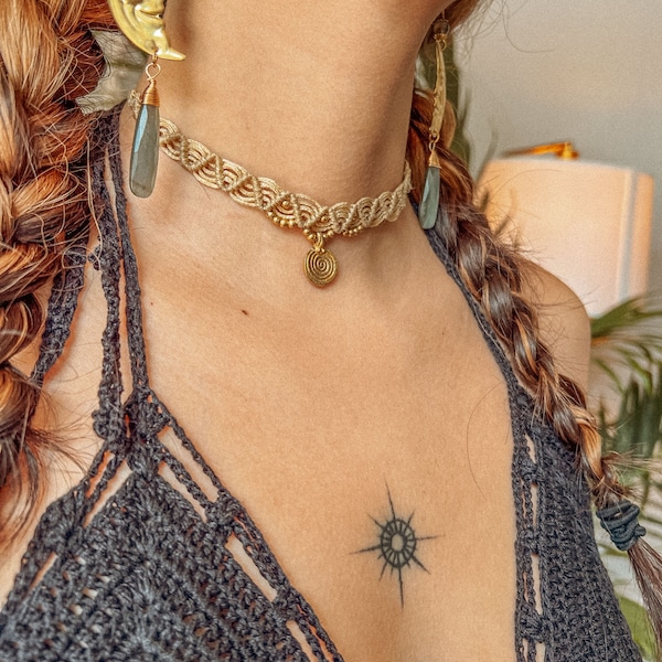 Handmade Earthy Macrame Pendant Necklace, Boho Hippie Charm Choker, Woven Braided Adjustable Beaded Beach Jewelry, Stocking Stuffer Gift