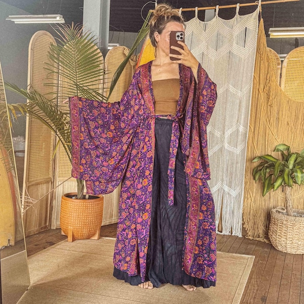 Hippie Boho Maxi Silk Elegant Kimono, Bell Sleeve Bohemian Maxi Cardigan, Long Pocket Duster Outfit Topper