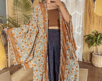 Hippie Boho Maxi Silk Elegant Kimono, Bell Sleeve Bohemian Maxi Cardigan, Long Pocket Duster Outfit Topper