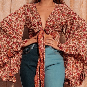 3-way Bell Sleeve Tie Front Hippie Boho Wrap Top, 70s Style Clothing, Vintage Silk Retro Eco Top, Flare Sleeve Aesthetic, Free Spirit Style image 1