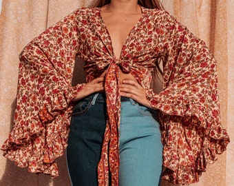 3-way Bell Sleeve Tie Front Hippie Boho Wrap Top, 70s Style Clothing, Vintage Silk Retro Eco Top, Flare Sleeve Aesthetic, Free Spirit Style
