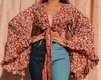 3 voies Bell Sleeve Tie Front Hippie Boho Wrap Top, vêtements de style des années 70, vintage Silk Retro Eco Top, Flare Sleeve Aesthetic, Free Spirit Style