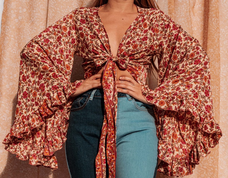 3-way Bell Sleeve Tie Front Hippie Boho Wrap Top, 70s Style Clothing, Vintage Silk Retro Eco Top, Flare Sleeve Aesthetic, Free Spirit Style Cora's Garden