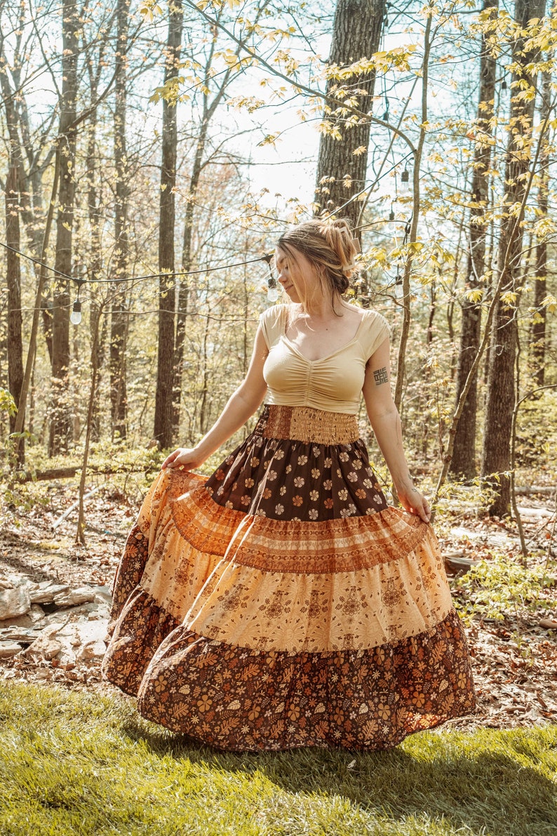 Bohemian Desert Solstice Tiered Soft Maxi Skirt, Hippie Boho Style Sun Moon Skirt, Earthy Neutral Natural Vibe Dress image 10