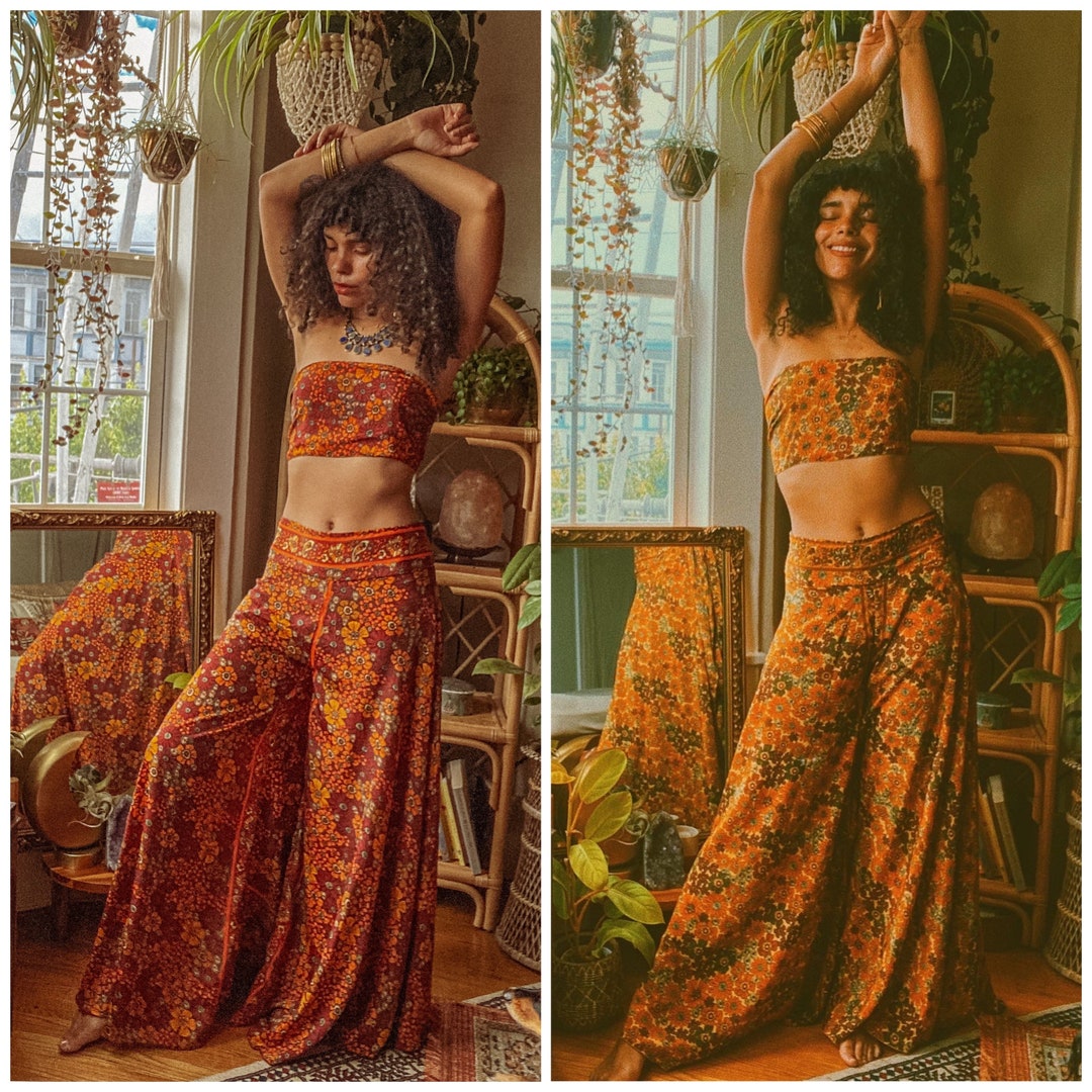 Hippie Flower Pants, Wide Leg Silk Free Flow Pants, XS-4X Hippie Flower Pants, Wide Leg Silk Free Flow Pants, XS-4X