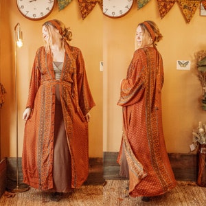 Rust Olive Earthy Bohemian Kimono, Silk Button Down Dress Cardigan, Spell Style Robe with Coconut Buttons and Pockets, Wide Sleeve Smock