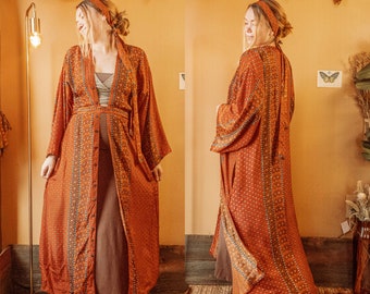 Rust Olive Earthy Boho Kimono, cárdigan de vestir con botones de seda, bata estilo hechizo con botones y bolsillos de coco, bata de manga ancha