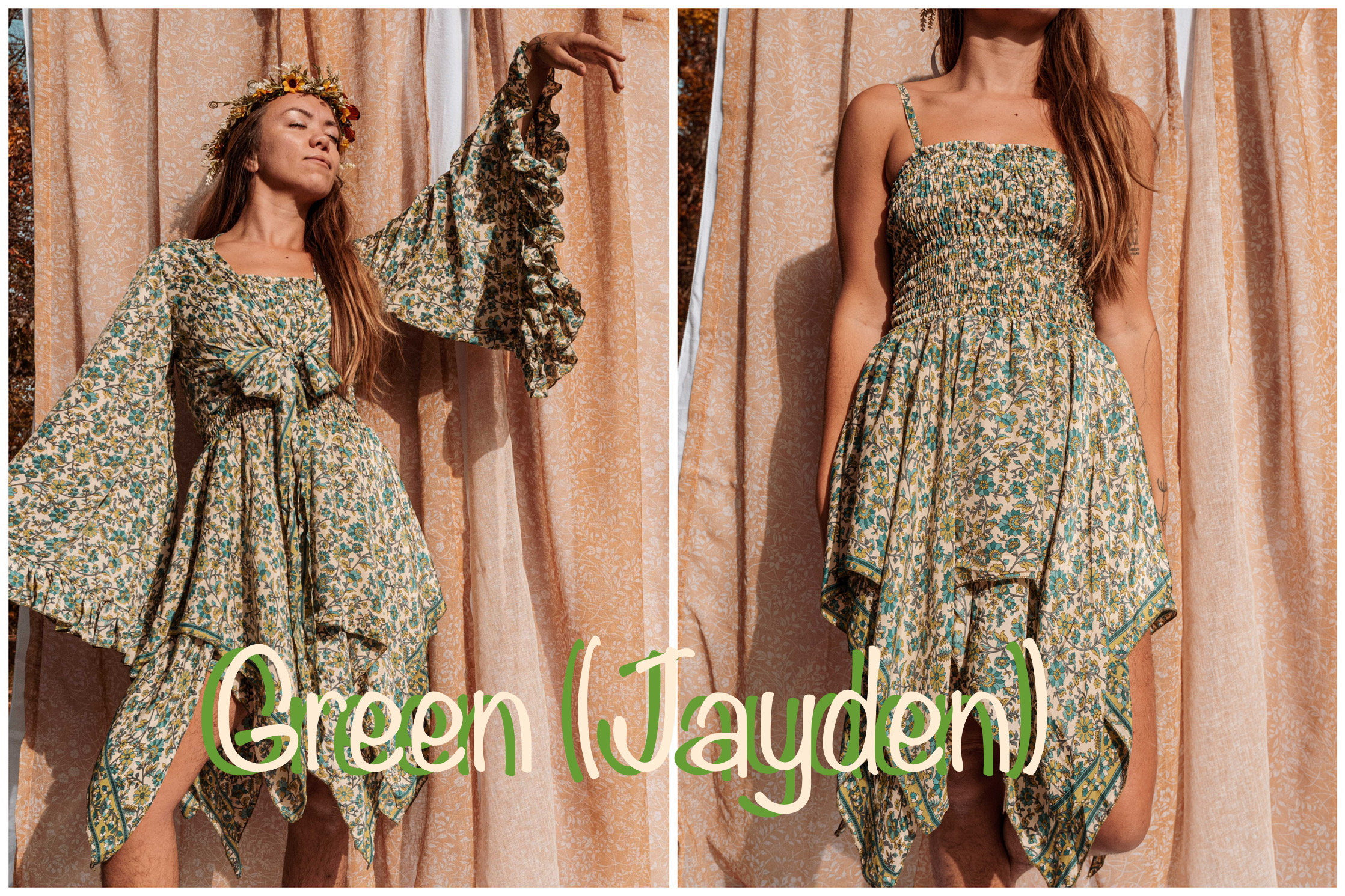 Hippie Boho 2 Piece Dress Outfit Set, 70s Style Bell Sleeve Tie