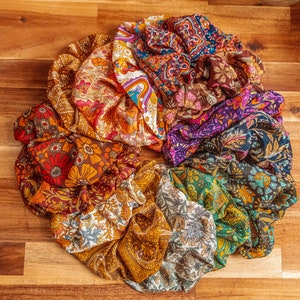 Recycled Silk Sari Boho Scrunchies, Bridesmaid Gift, Hair Scrunchies, Vegan Gift Handmade, 70s Hippie Pattern Scrunchies, Stocking Stuffer image 7