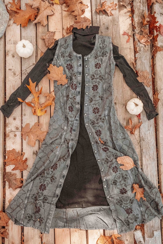 Bohemian Cottage Core Button Down Dress Duster Embroidered Hippie Style Cardigan Sleeveless Dress for Layering Fall Outfit Thanksgiving Etsy