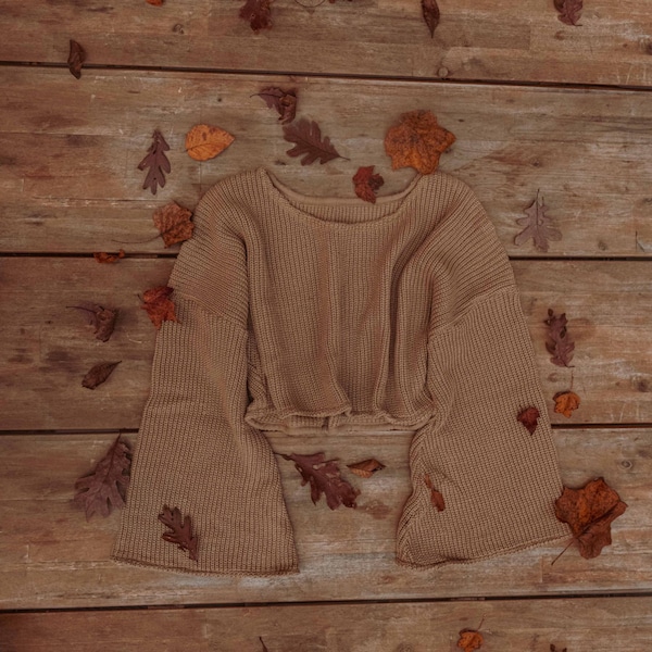 Suéter corto de manga acampanada 100 % algodón orgánico, suéter estilo Mabel Boho Cottage Core, ropa orgánica hippie bohemia, suéter extragrande.