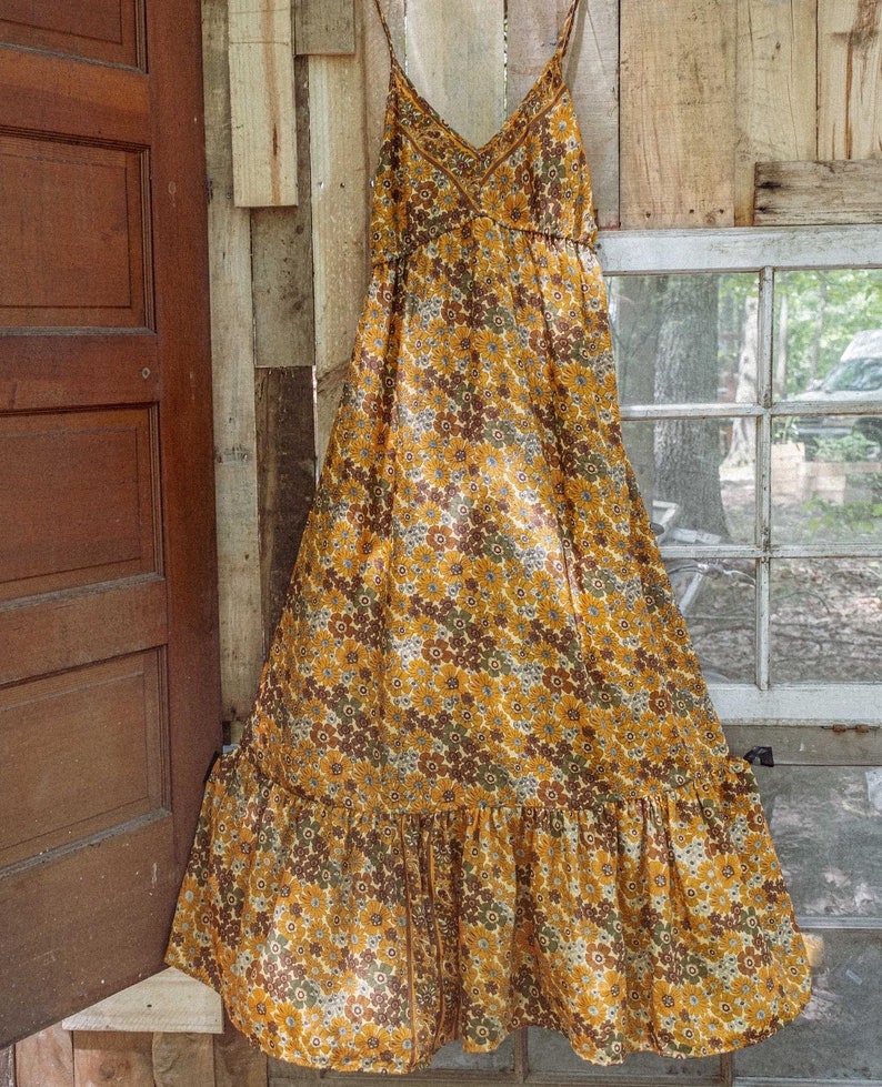 Boho Hippie Folk Silk Maxi Dress, Spell Style Floral Full Length dress, Bohemian flowy dress gown XS-2X, fall boho maxi dress, handmade Honey Bee