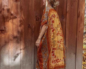 Boho Herbst Langer Gedruckter Duster, Gardenbelle Boho Flowy Maxi Kimono, Plus Size Open Front Duster