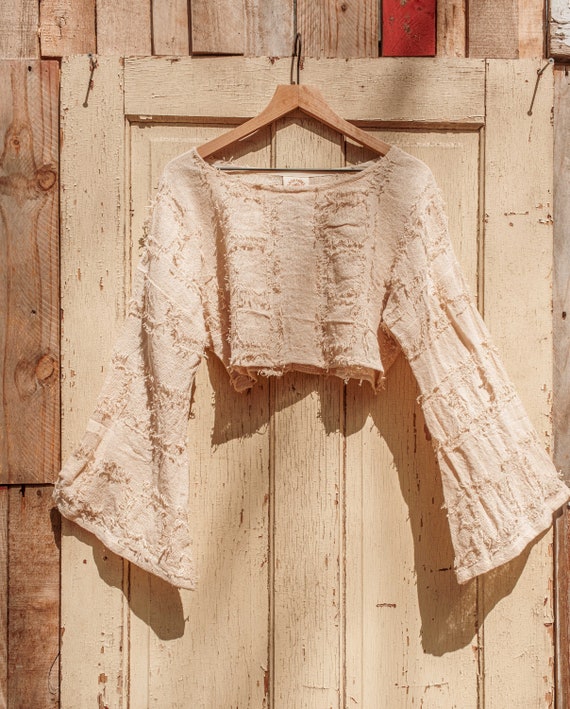 Boho Grunge Style Bell Sleeve Mesh Crop Top, Summer Grungey Cotton