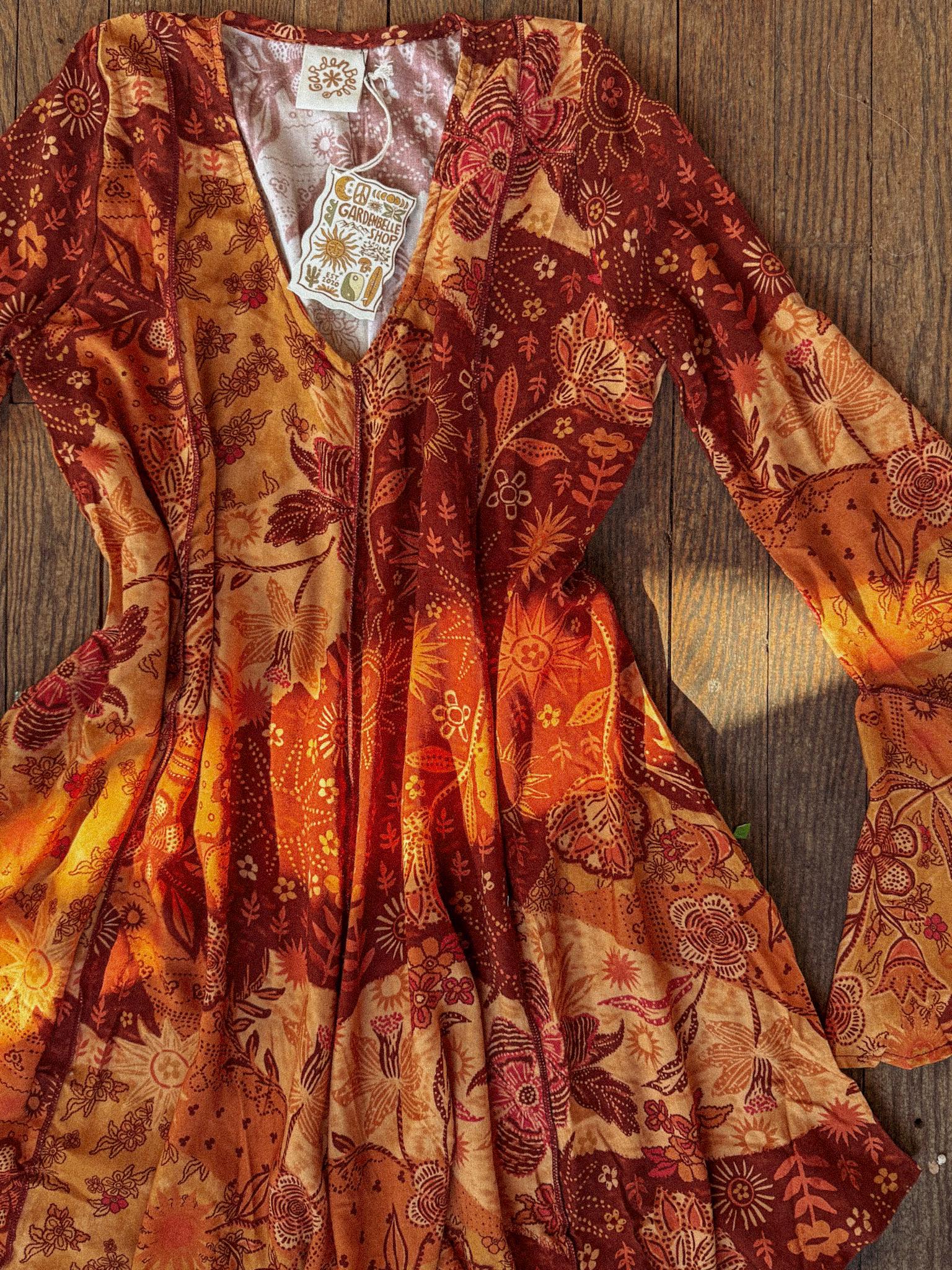 layered bell sleeve floral dress Hazel Floral Deep V Long Sleeve Tiered Maxi Dress, Beige / XL