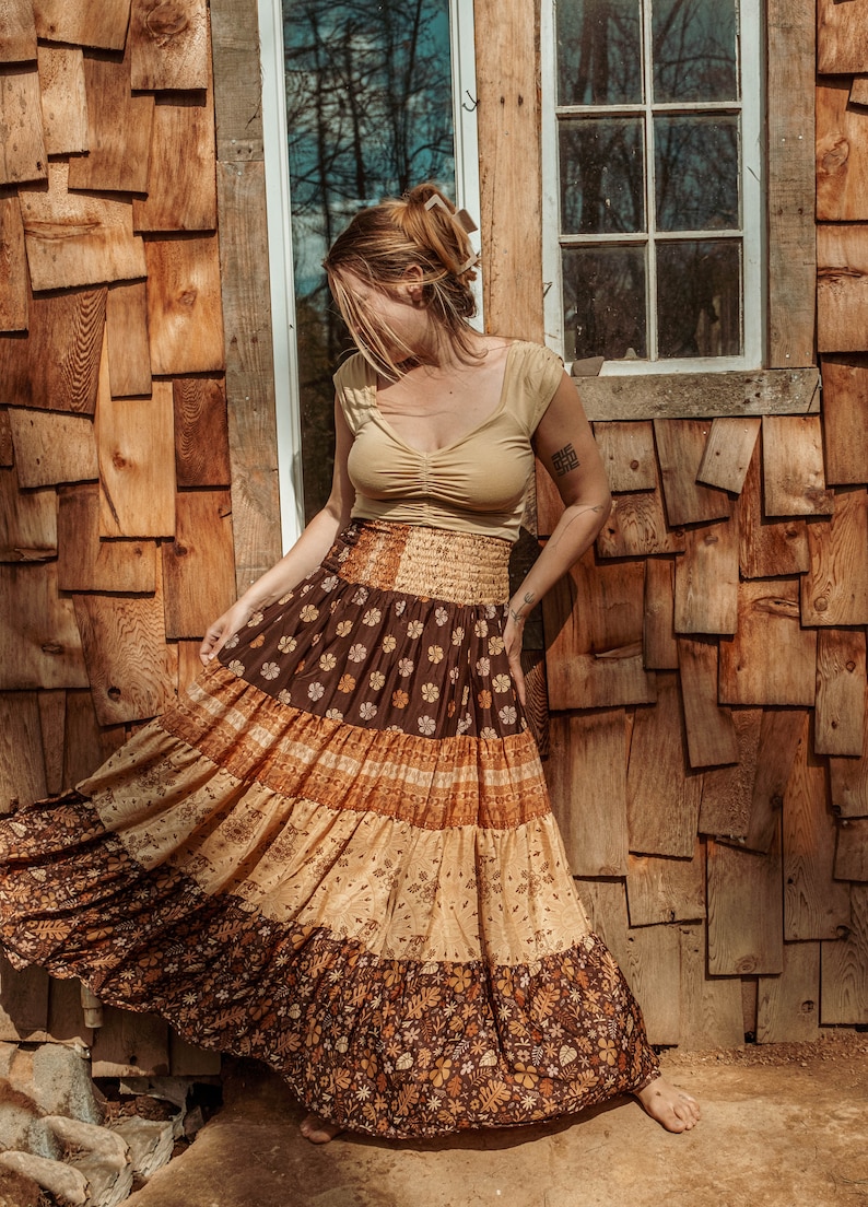 Bohemian Desert Solstice Tiered Soft Maxi Skirt, Hippie Boho Style Sun Moon Skirt, Earthy Neutral Natural Vibe Dress image 6