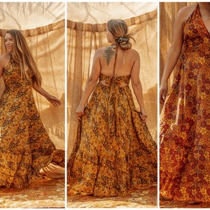 Boho Hippie Retro Silk Maxi Dress, Floral Tie Back dress, full length flowy dress gown XS-2X