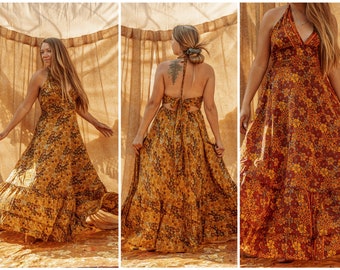 Boho Hippie Retro Silk Maxi Dress, Floral Tie Back dress, full length flowy dress gown XS-2X