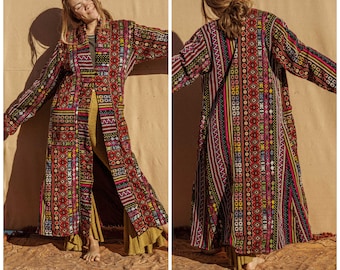 Hippie Bohemian Men’s Women’s Long Trench Coat, Psychedelic Woven Jacket, Long Warm Kimono Jacket, Unisex Tribal Jacket Duster