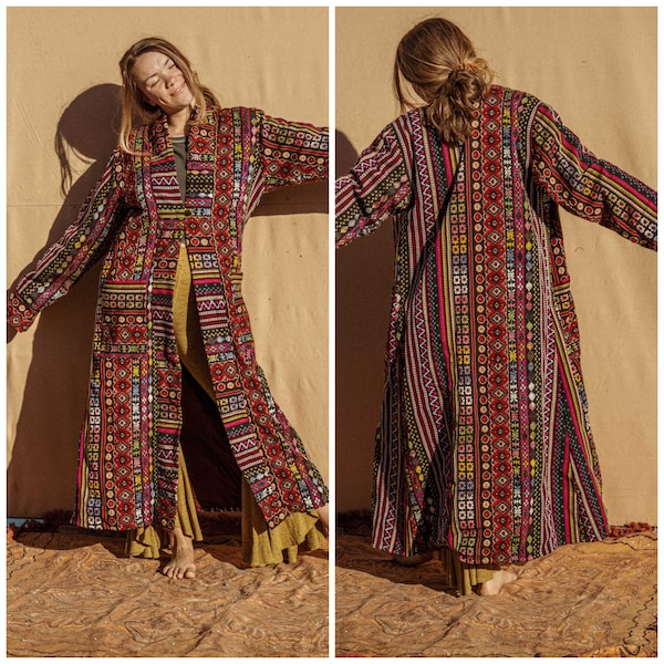 Hippie Bohemian Men’s Women’s Long Trench Coat, Psychedelic Woven Jacket, Long Warm Kimono Jacket, Unisex Tribal Jacket Duster