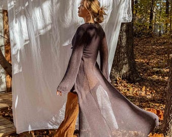 Certified Organic Cotton Open Knit Mesh Net Duster, Stretchy Organic Long Boho Style Duster, Long Cardigan, Bell Sleeve Sweater