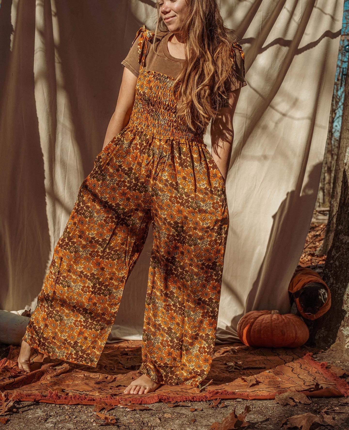 2-in-1 Hippie Silk Wide Leg Jumpsuit, Flare Pants, Fall