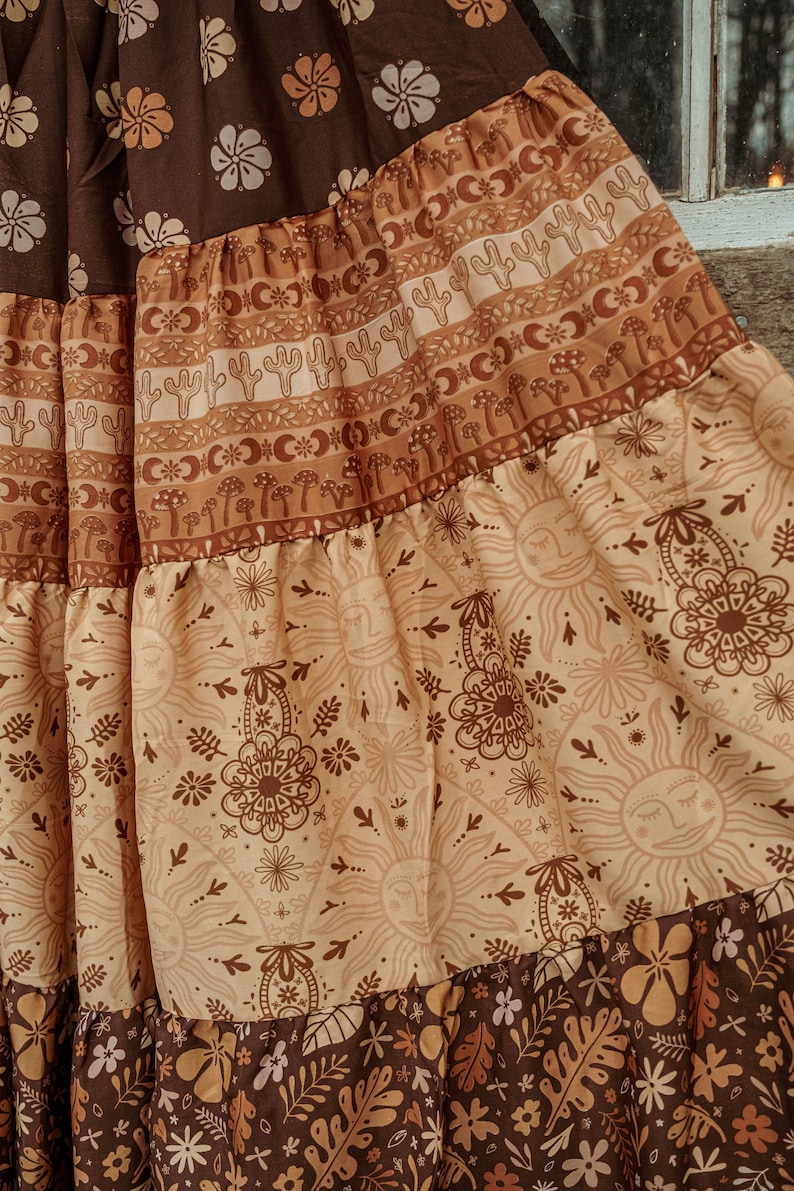 Bohemian Desert Solstice Tiered Soft Maxi Skirt, Hippie Boho Style Sun Moon Skirt, Earthy Neutral Natural Vibe Dress image 3