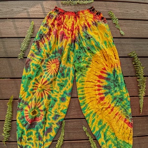 Unisex Mens Womens Flowy Boho Fesival Pants, Hippie Yellow Tie Dye Harem Unisex Pants XS-5X Handmade Free Spirit, yoga Genie pants