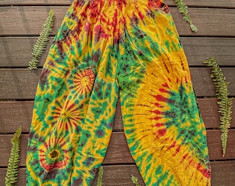Unisex Mens Womens Flowy Boho Fesival Pants, Hippie Yellow Tie Dye Harem Unisex Pants XS-5X Handmade Free Spirit, yoga Genie pants