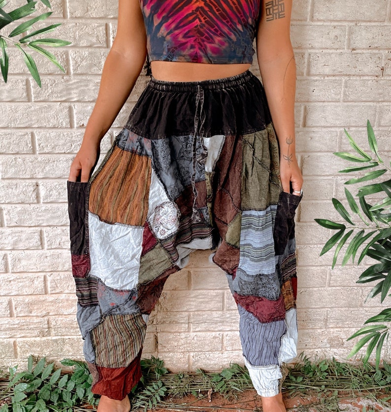 Hippie Patchwork Harem Pants | Unisex Men’s Women’s Festival Pants XS-1X Recycled Eco Patch Bohemian Handmade yoga pants 