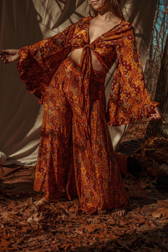 Women's 2 Piece Smocked Top Wide Leg Pants Set High-Waisted Lounge