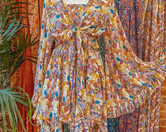 Psychedelic Hippie 2 Piece Dress Outfit Set, 70s Style Bell Sleeve