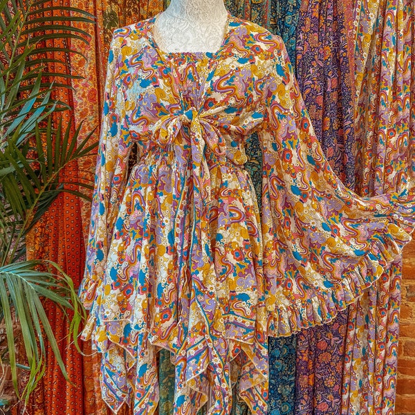 Psychedelic Hippie 2 piece Dress Outfit Set, 70s Style Bell Sleeve Tie Top + Butterfly Fairy Dress, Free Spirit 70s Costume XS-1X 2X 3X 4