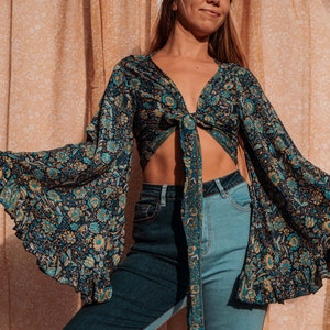 3-way Bell Sleeve Tie Front Hippie Boho Wrap Top, 70s Style Clothing, Vintage Silk Retro Eco Top, Flare Sleeve Aesthetic, Free Spirit Flow