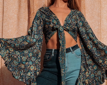 3-way Bell Sleeve Tie Front Hippie Boho Wrap Top, 70s Style Clothing, Vintage Silk Retro Eco Top, Flare Sleeve Aesthetic, Free Spirit Flow