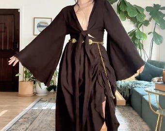 ORGANIC Cotton Bamboo Hippie Boho Bell Sleeve Muslin Tie Wrap Top, 3 Way Bohemian Natural Fiber Organic Yoga Top, Sustainable Clothing