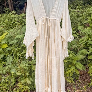 Kimono de algodón orgánico crudo lavado al sol, cárdigan largo de algodón puro sin blanquear ni teñir, cárdigan abierto estilo boho fluido playero