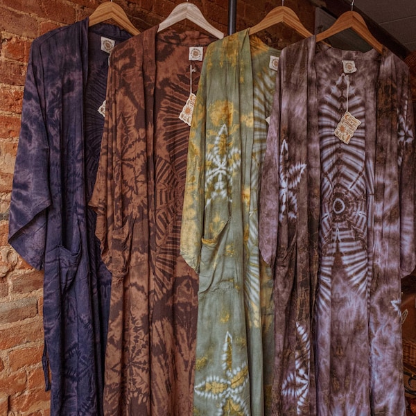 Organic Boho Chic Moondance Hand Dyed Duster Kimono, Open Front Tie Dye Cardigan, Hippie Flower Kimono Robe Jacket, Gift for her, Handmade