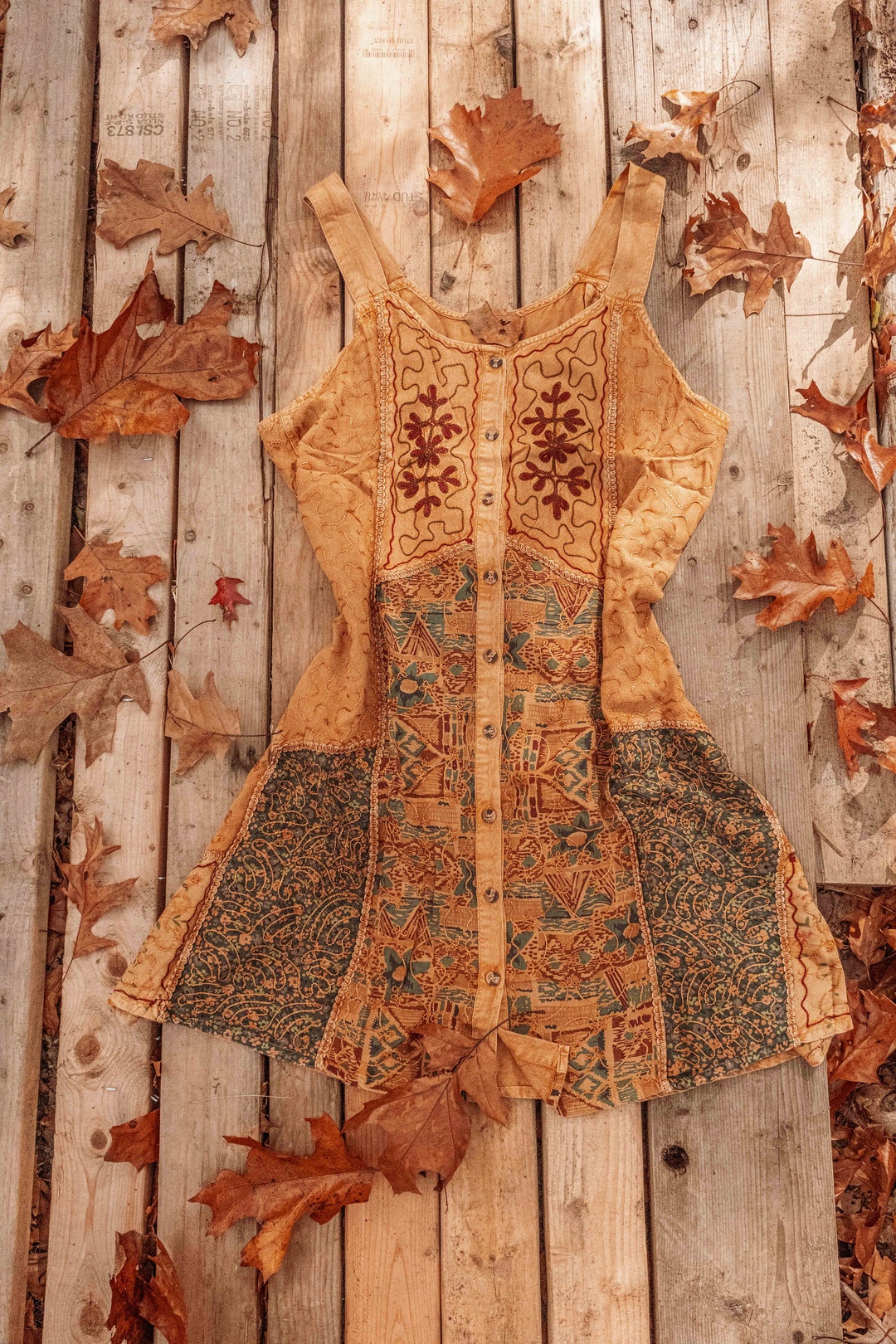 Bohemian Oversized Cottage Core Fall Button Down Dress, Patchwork