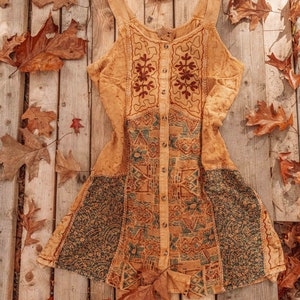 Bohemian Oversized Cottage Core Fall Button Down Dress, Patchwork Mini Dress, Tie Back Dress, Hippie Grunge Style Embroidered Jumper