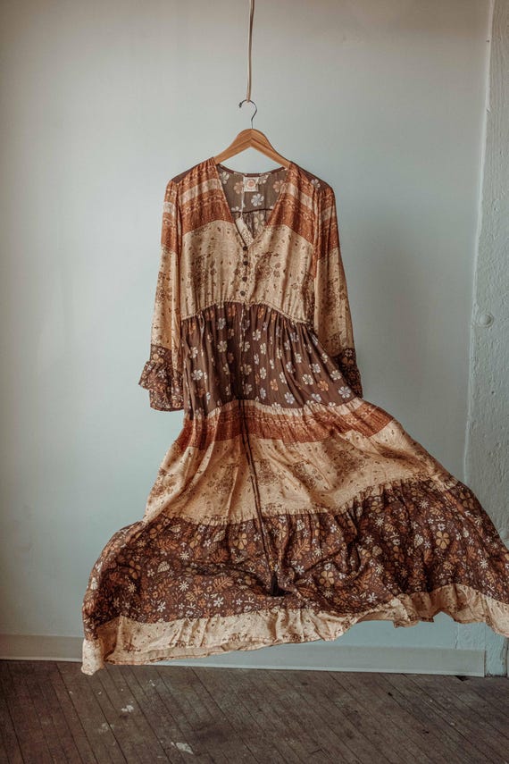 Desert Solstice Hippie Boho Maxi Dress, Earthy Print Bell Sleeve Earth Tone Tiered Dress, Long Bohemian Style Button Maxi