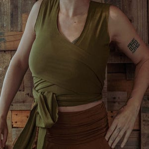 Organic EcoVero Stretchy Yoga Wrap Top, Natural Fiber Prana Wear, Festival Clothing, Wrap Vest Top, Multiway tie top, Handmade Yoga Top PLUS