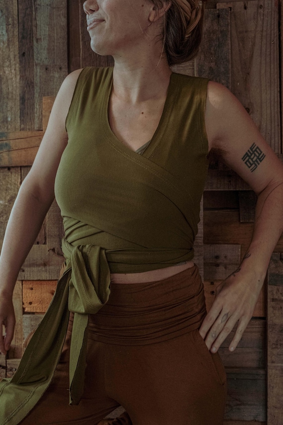 Organic EcoVero Stretchy Yoga Wrap Top, Natural Fiber Prana Wear, Festival Clothing, Wrap Vest Top, Multiway tie top, Handmade Yoga Top PLUS