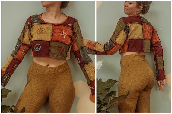 Grunge Style Hippie Bohemian Patchwork Long Sleeve Crop Top Patch