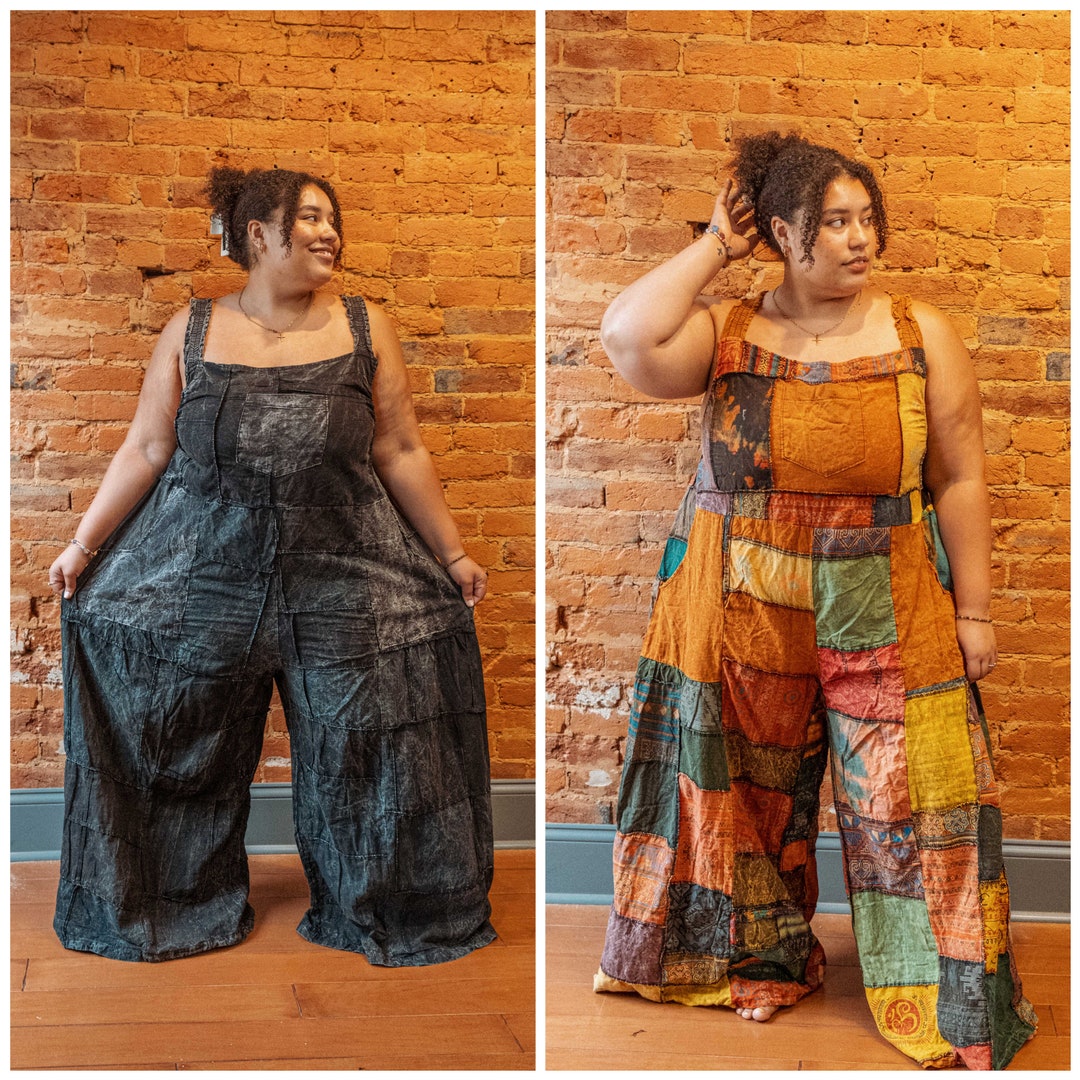 PLUS SIZE Hippie Patchwork Baggy Wide Leg Cotton Overalls Unisex
